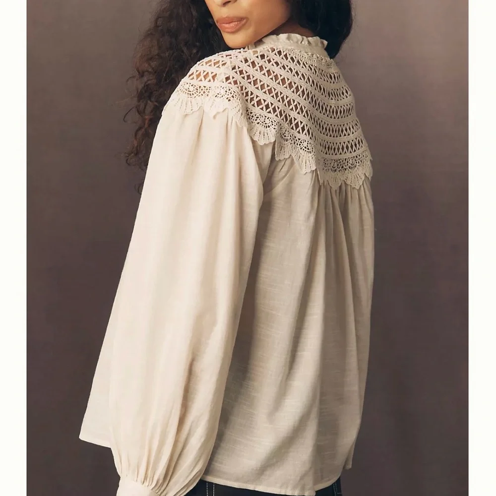 NWT Anthropologie Pilco Lace Yoke Peasant Elegant Cream Lace Blouse - Picture 4 of 11
